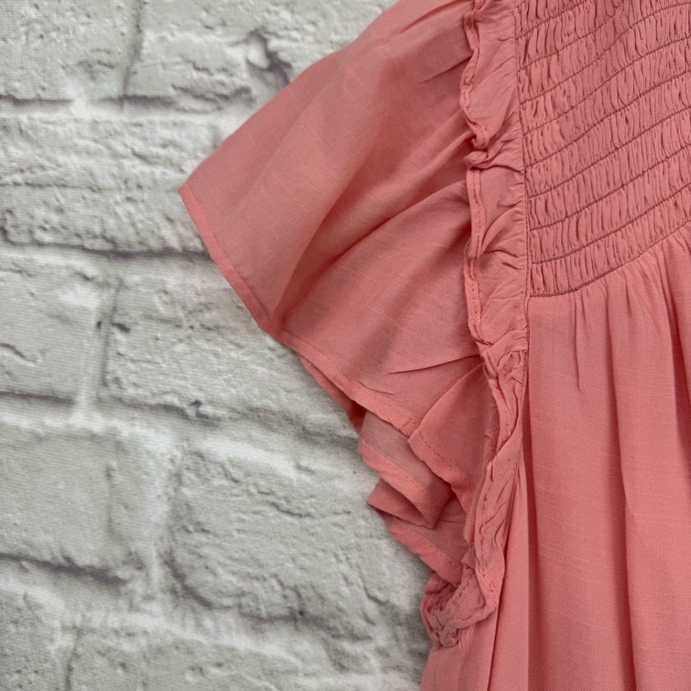 PAIGE Christina Smocked Tiered Ruffle Mini Dress Peach Tree Size L - Picture 13 of 16